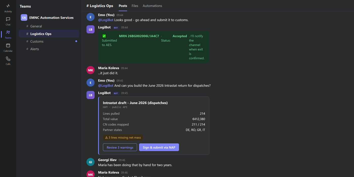 EMNC ops bot inside Microsoft Teams filing an Intrastat return